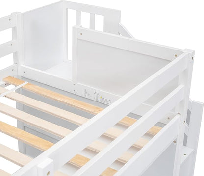 Bellemave Twin Size Low loft Bed for Kids,Wood Loft Beds,Modern Farmhouse Twin loft Bed,Loft Bed with Desk and Storage, No Box Spring Needed,for Kids,White