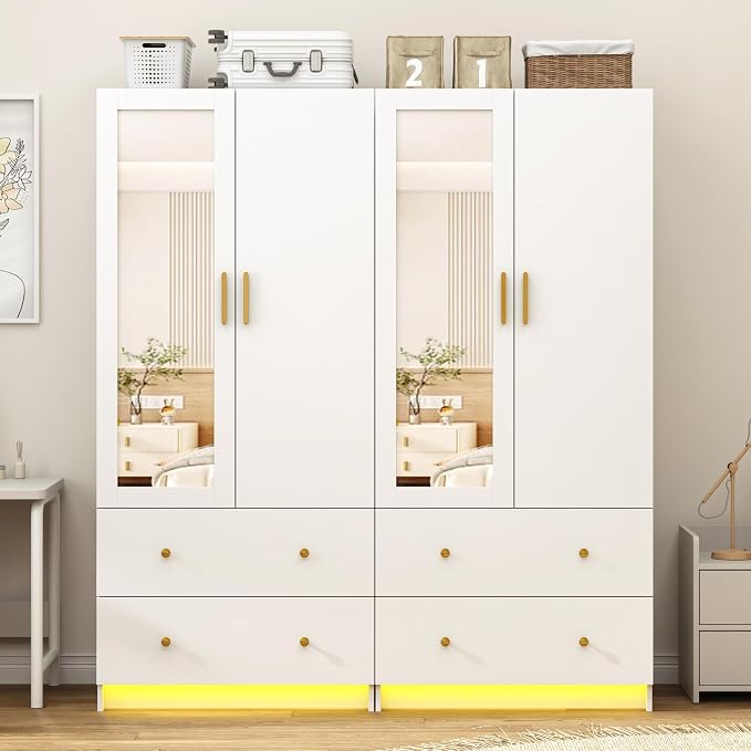 jiteentarou 2 Door Wardrobe Closet with Mirrors and LED Lights, Small Bedroom Armoire with Drawers, Modern Wooden Armoire Wardrobe Closet with Hanging Rod for Bedroom, White