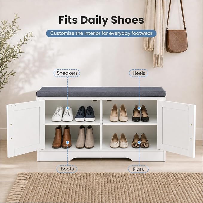 NEWBULIG Shoe Storage Bench for Entryway with Cushion, 27.6IN, White | Shoe Organizer Cabinet with Padded Cushion and Doors, Adjustable Shelves, Shoes Bench for Hallway, Mudroom, Bedroom