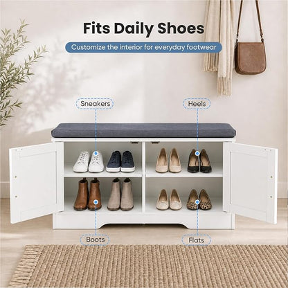 NEWBULIG Shoe Storage Bench for Entryway with Cushion, 27.6IN, White | Shoe Organizer Cabinet with Padded Cushion and Doors, Adjustable Shelves, Shoes Bench for Hallway, Mudroom, Bedroom