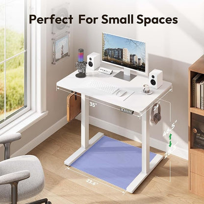 Electric Standing Desk,35x24 Inches Adjustable Height Stand up Desk, Sit Stand Home Office Desk with Splice Board, 3 Preset Heights,Equipped with Hooks,Ergonomic Computer Desk Workstation，White