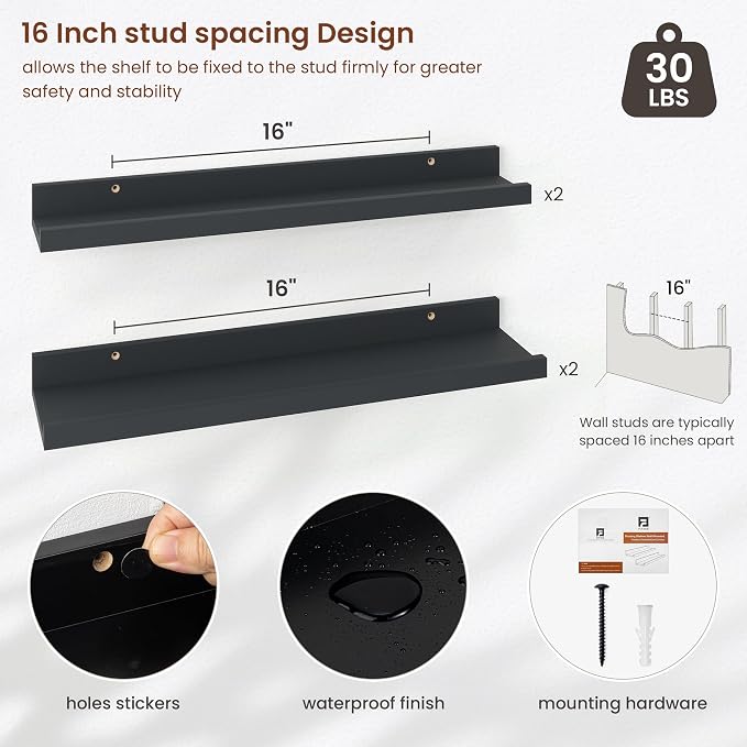 Axeman Picture Ledge Shelf | 24 Inch Black Floating Shelves Set of 4 | Rustic Wood Wall Shelves with Lip | 24" Black Picture Shelves for Wall with Ledge | Photo Shelves