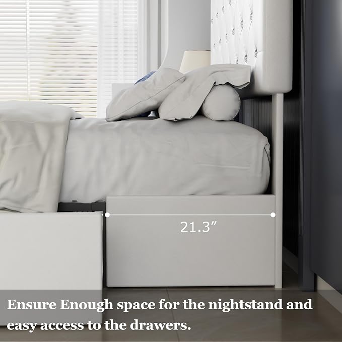 VECELO Queen Size Bed Frame with 3 Storage Drawers, Leather Upholstered with Diamond Tufted Headboard, Solid Wood Slat Support & Steel Framework, PU & White