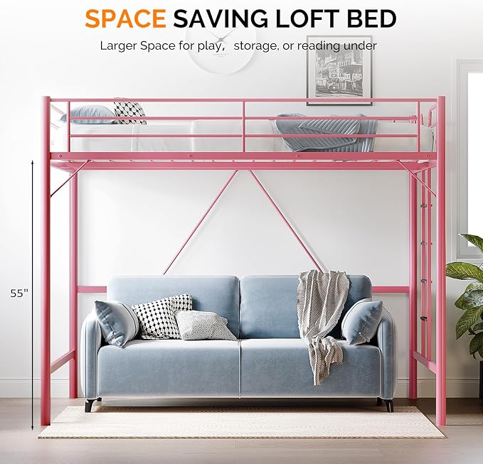 VINGLI Queen Loft Bed with Flat Rungs for Adults, Kids and Young Teens, No Box Spring Required,Heavy Duty Metal Slat Support, Pink