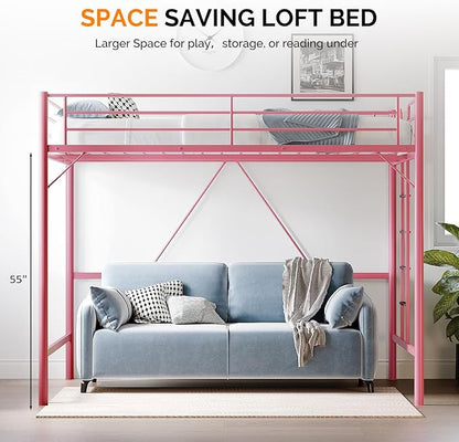 VINGLI Queen Loft Bed with Flat Rungs for Adults, Kids and Young Teens, No Box Spring Required,Heavy Duty Metal Slat Support, Pink