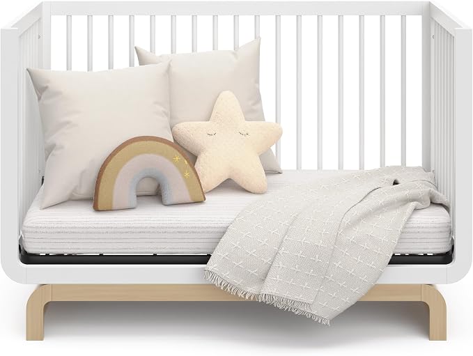 Storkcraft Santorini 5-in-1 Convertible Crib with Toddler Guardrail – GREENGUARD Gold Certified, Conversion Kit Included, 100% Solid Wood, Fits Standard Crib Mattress (White and Driftwood)
