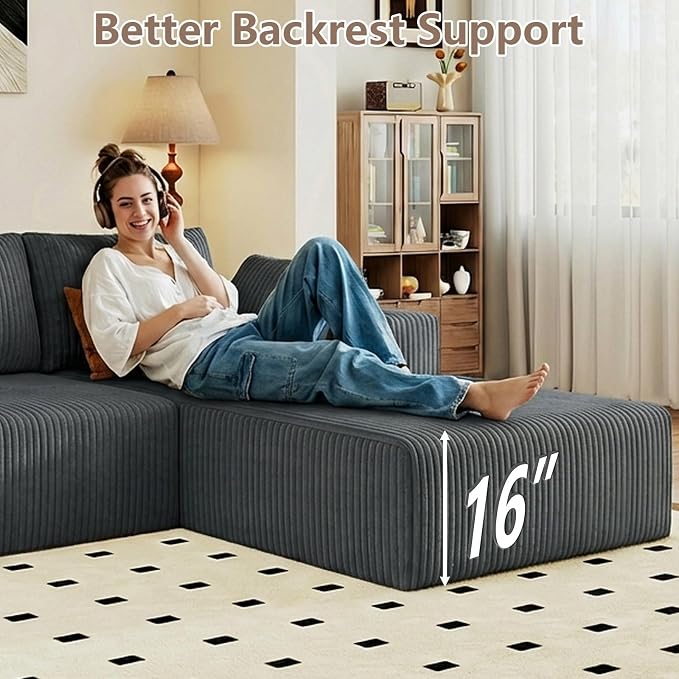 95" Cloud Sectional Couch U-Shaped Chaise with Ottoman, Corduroy Boneless Couch for Living Room Bedroom, Deep-Seat Upholstered Modular Cloud Sofa, No Assembly Required (Grey, Right Facing Chaise)