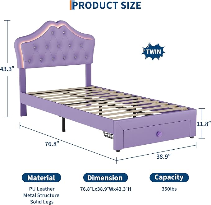 Garvee Full Size Bed Frame with LED Lights & Velvet Crystal Button Headboard, Upholstered Boy Platform Bed with Storage Drawer, Noise Free, No Box Spring Needed for Kids, Teens,