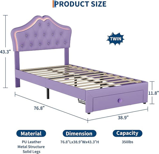 Garvee Full Size Bed Frame with LED Lights & Velvet Crystal Button Headboard, Upholstered Boy Platform Bed with Storage Drawer, Noise Free, No Box Spring Needed for Kids, Teens,