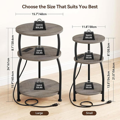Round Side Table with Power Outlet & USB Ports, 3-Tier End Table with Storage Shelf, 15.7" Wide Nightstand for Small Spaces, Tall Bedside Table Capable of Charging Laptops & Phones, Rustic Brown