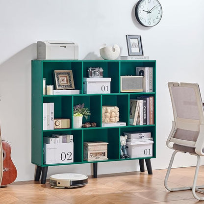LEYAOYAO 10 Cube Bookshelf,3 Tier Modern Wide Bookcase with Legs,Mid-Century Wood Bookshelves Storage,Dark Green Large Book Case,Freestanding Organizer Display Shelf for Bedroom,Living Room,Office