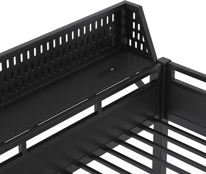 Bellemave Bunk Bed Twin XL Over Twin XL，Metal Bunk beds with Storage Shelves USB Ports and LED Lights, Black