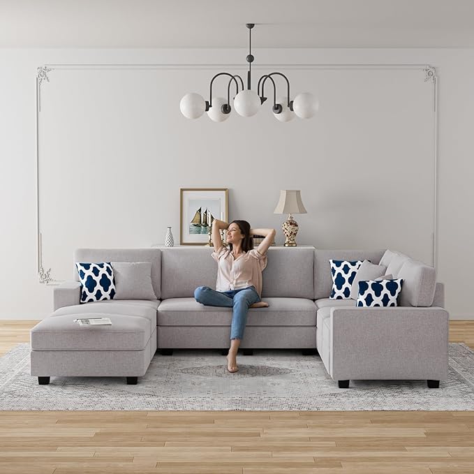 Legend Vansen Oversized Modular Sectional Sofa,U/L‑Shaped Reversible Couch with Ottoman,Deep Seat Plush Polyester Sofa for Living Room,9‑Seater,Light Grey