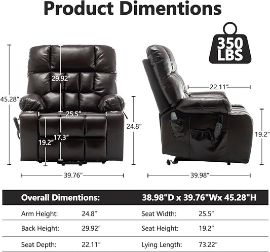 JIKFRIMA Power Lift Recliner Chair for Elderly, Dual Motor Lift Chair with Heat and Massage, Lay Flat Lift Chair for Adults, Cup Holders, Lumbar Pillow, Faux Leather, Reddish Brown