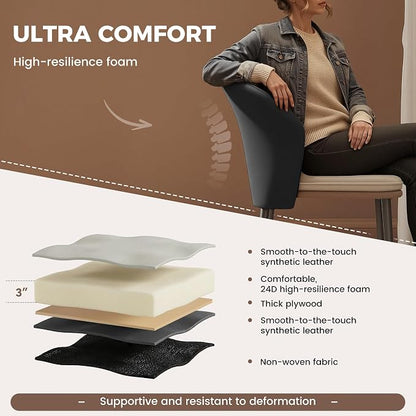 Faux Leather Dining Chairs Set of 6, Curved Back Upholstered Accent Chair, Modern Kitchen Side Chair with Metal Legs for Dining Room, Living Room, Bedroom, Black