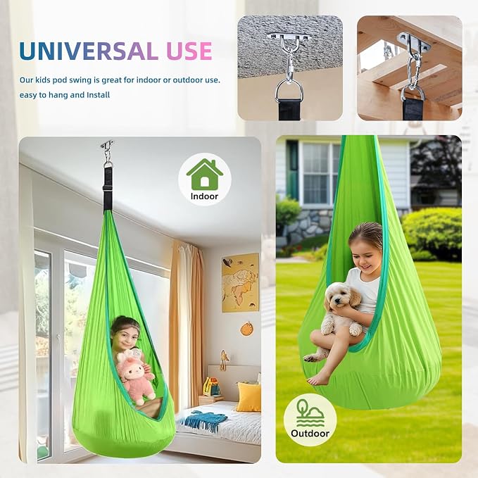 Kids Swing Seat Hammock Chair Indoor Outdoor Hanging Chair for Children,Soft & Safe with High Weight Capacity, Easy Install Perfect for Bedroom, Garden, Playroom (Light Green)