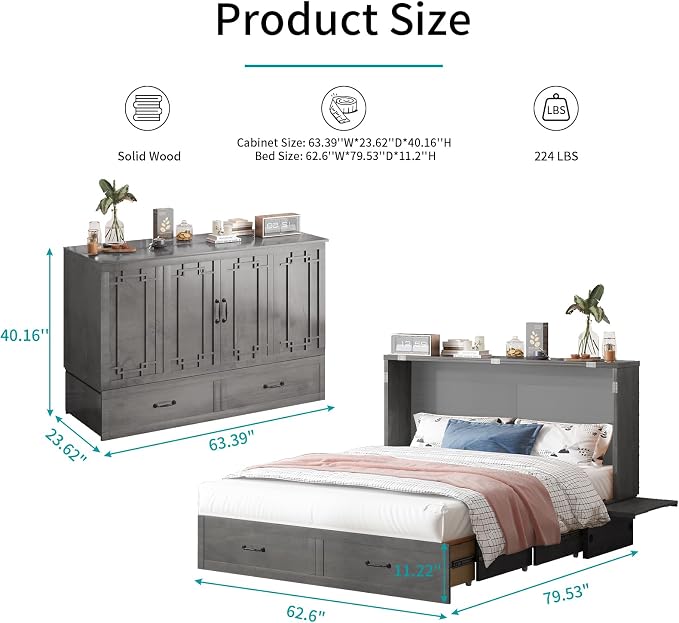 BALUS Queen Murphy Bed, Cabinet Bed with Built-in USB Ports & Storage Drawers, Wood Hidden Wall Beds, Modern Murphy Beds Cabinet Guest Beds for Bedroom/Living Room - (Dark Grey)