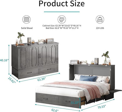 BALUS Queen Murphy Bed, Cabinet Bed with Built-in USB Ports & Storage Drawers, Wood Hidden Wall Beds, Modern Murphy Beds Cabinet Guest Beds for Bedroom/Living Room - (Dark Grey)