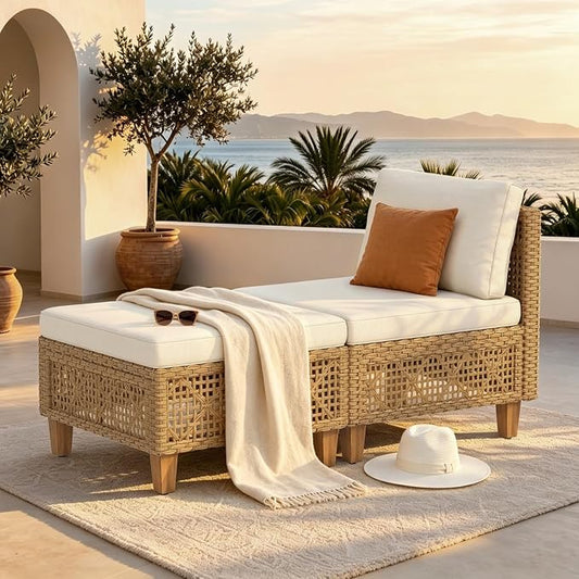MFSTUDIO Wicker Patio Furniture Set, 2 Pieces Rattan Outdoor Couch Sectional Sofa with Ottoman, Beige