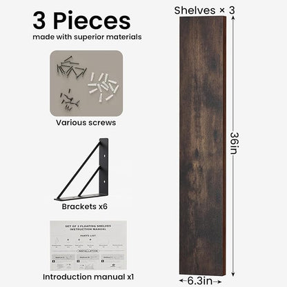 BAYKA Wall Shelves for Bedroom Decor, Floating Shelves for Wall, Display Mounted Rustic Wood Shelf for Books,Plants,Corner Shelves for Bathroom,Kitchen,Living Room(Rustic Brown，36in，Set of 3)