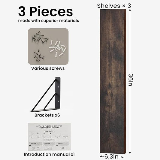 BAYKA Wall Shelves for Bedroom Decor, Floating Shelves for Wall, Display Mounted Rustic Wood Shelf for Books,Plants,Corner Shelves for Bathroom,Kitchen,Living Room(Rustic Brown，36in，Set of 3)