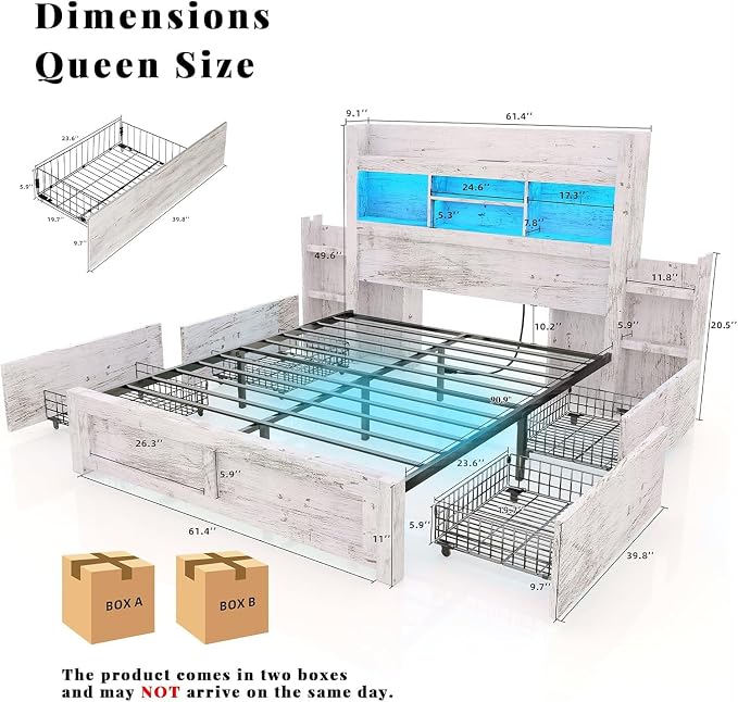 LUXOAK Queen Bed Frame with 49.6" Bookcase Headboard & 4 Drawers & 2 Detachable Bedside Stoage Racks, Farmhouse Wood Bed Frame with RGB LED & Charging Station, No Box Spring Needed, Distressed White
