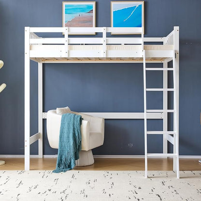 VINGLI Full Loft Bed with USB Charging Station/LED, Solid Wood Double Loft Bunk Bed with Flat Rungs for Kids/Teens/Adults, 15 inches High Guardrail,Wood Slat Support No Box Spring Needed, White