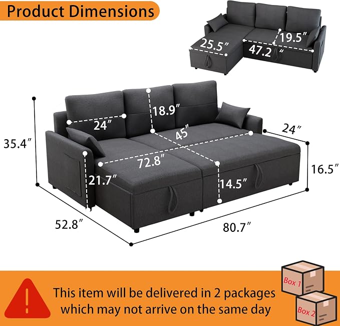 L Shaped Sleeper Sofa Bed with Storage: 81" Grey L Shaped Couch with Pull Out Bed, Queen Size Corner Sectional Couch with Storage Chaise, Convertible Sofa Beds Space Saving