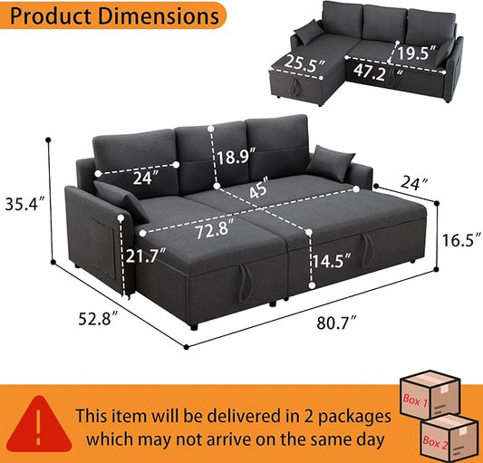 L Shaped Sleeper Sofa Bed with Storage: 81" Grey L Shaped Couch with Pull Out Bed, Queen Size Corner Sectional Couch with Storage Chaise, Convertible Sofa Beds Space Saving