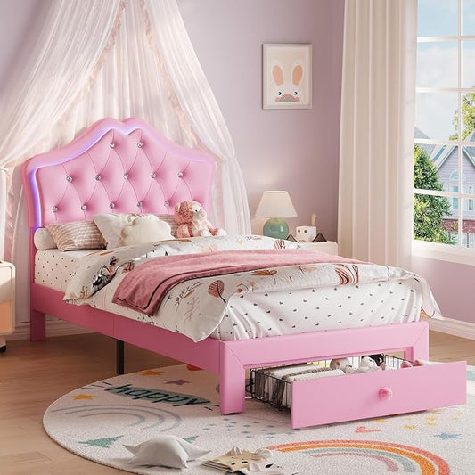 Garvee Twin XL Size Bed Frame with LED Lights & Velvet Crystal Button Headboard, Upholstered Boy Platform Bed with Storage Drawer, Noise Free, No Box Spring Needed for Kids, Teens, Pink