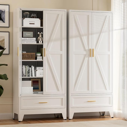 71"Tall Metal Storage Cabinet with Drawer and 4 Adjustable Shelves,Farmhouse Kitchen Pantry Storage Cabinet with Doors, Freestanding White Locker Cabinets for Office,Dining Room,Bathroom(White)