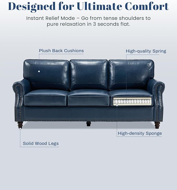 Kingfun Mid-Century Modern Couch, Faux Leather Sofa Set, 3 Seater Couch for Living Room with Rolled arms & Nailhead Trim, Blue