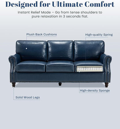 Kingfun Mid-Century Modern Couch, Faux Leather Sofa Set, 3 Seater Couch for Living Room with Rolled arms & Nailhead Trim, Blue