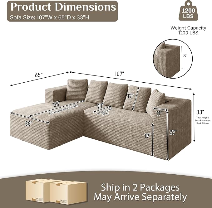 Oversized L Shaped Boneless Sectional Couches for Living Room, 107" Comfy Fluffy Cloud Modular Sectional Sofa, Plush Corduroy Memory Foam Floor Sofa with Left Facing Chaise Couch