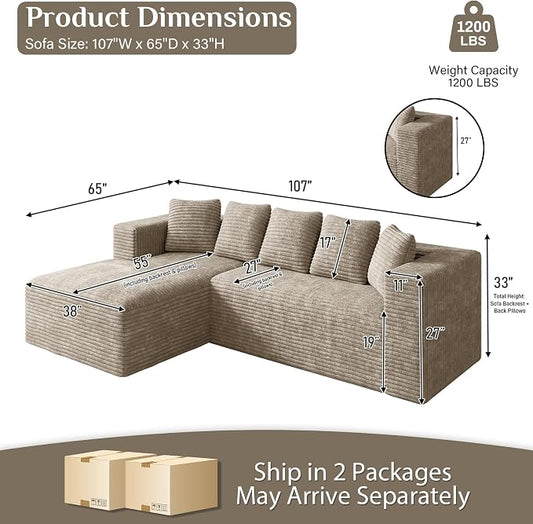 Oversized L Shaped Boneless Sectional Couches for Living Room, 107" Comfy Fluffy Cloud Modular Sectional Sofa, Plush Corduroy Memory Foam Floor Sofa with Left Facing Chaise Couch