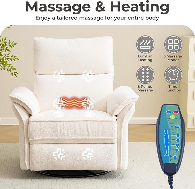 Oversized Power Recliner Chair Swivel Glider with Massage and Heat, Rocker Nursery Recliner for Adults with Adjustable Headrest, 26" Extra Wide Nursery Chair with Overstuffed Armrest,White