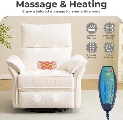 Oversized Power Recliner Chair Swivel Glider with Massage and Heat, Rocker Nursery Recliner for Adults with Adjustable Headrest, 26" Extra Wide Nursery Chair with Overstuffed Armrest,White