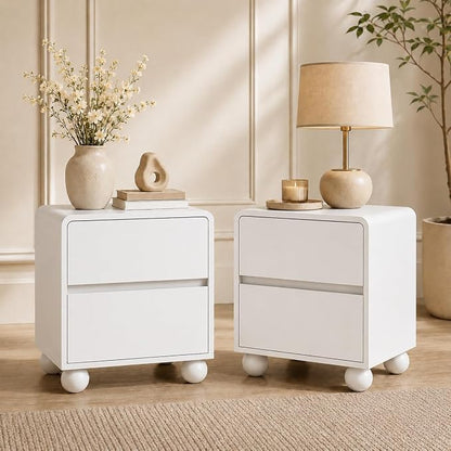 Furniway White Nightstand Set of 2, Modern 2 Drawer Bedside Table with Curved Profile Design and Handle-Free Drawers, Modern End Table with Storage for Bedroom