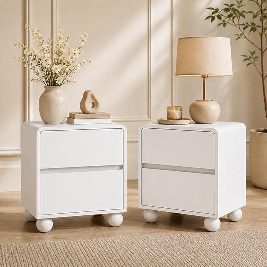 Furniway White Nightstand Set of 2, Modern 2 Drawer Bedside Table with Curved Profile Design and Handle-Free Drawers, Modern End Table with Storage for Bedroom