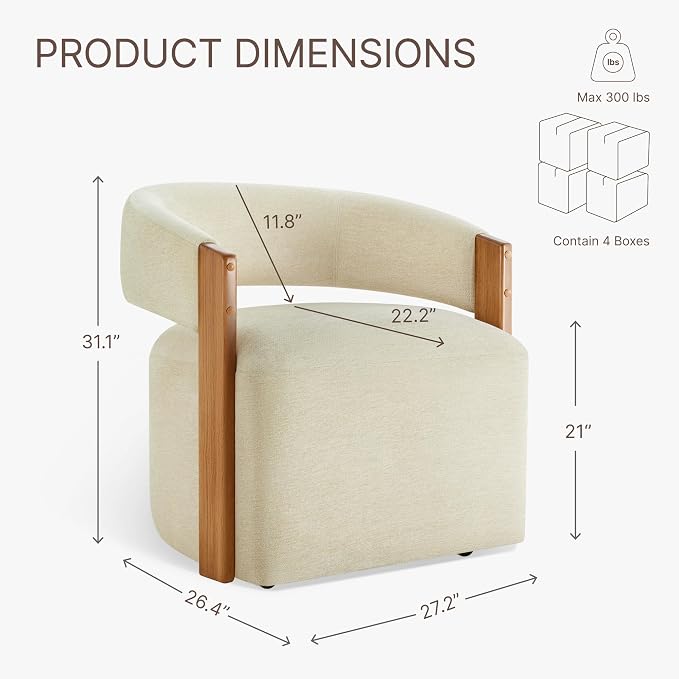 KISLOT Upholstered Dining Chairs Set of 4, Modern Wooden Arm Kitchen & Dining Room Chairs with Hidden Casters, Fabric Padded Rolling Chairs, Sturdy Wood Frame, 300 lbs Capacity, Sand