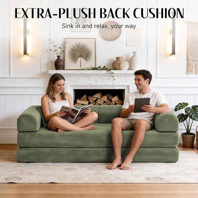 79'' Convertible Sofa Bed, Boneless Couch-in-a-Box, Corduroy Floor Futon Loveseat Sleeper, 26'' Deep Seat, Removable Machine-Wash Covers, No Assembly, 2 Pillows, Olive Green
