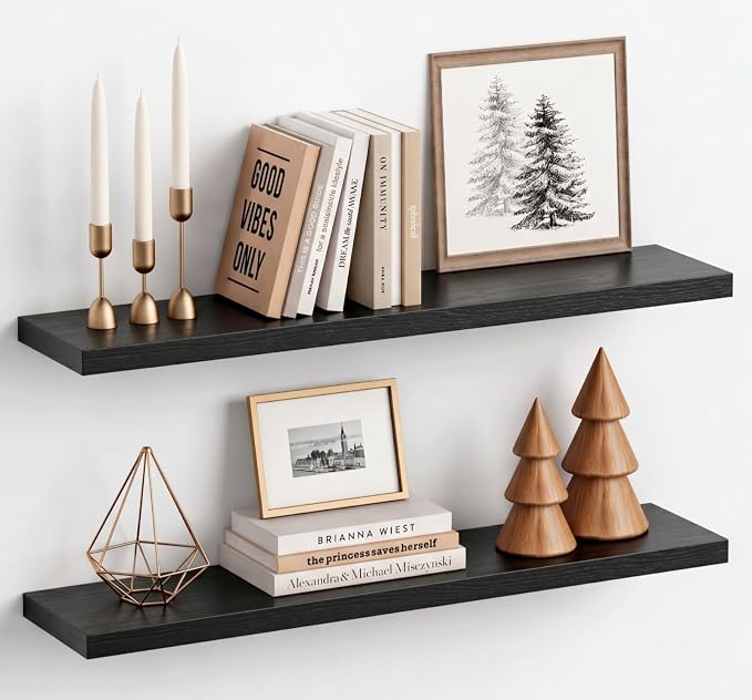 Harwaya 36 Inch Floating Shelves Bathroom, Black Shelves for Wall | Black Wood Texture | Thick MDF | Modern Style Ideal for Living Room Bedroom Office Kitchen