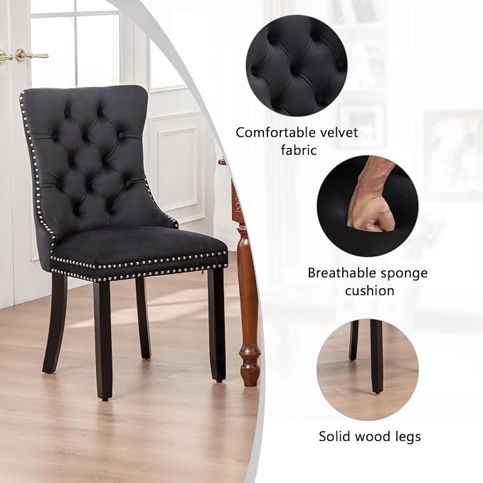 Hixkol Velvet Dining Chairs Set of 6,Upholstered Dining Chairs with Ring Pull Trim and Button Back,Modern Seating for Kitchen, Bedroom & Living Room(Black)