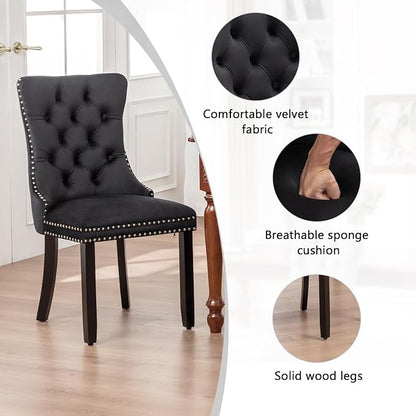 Hixkol Velvet Dining Chairs Set of 2,Upholstered Dining Chairs with Ring Pull Trim and Button Back,Modern Seating for Kitchen, Bedroom & Living Room(Black)