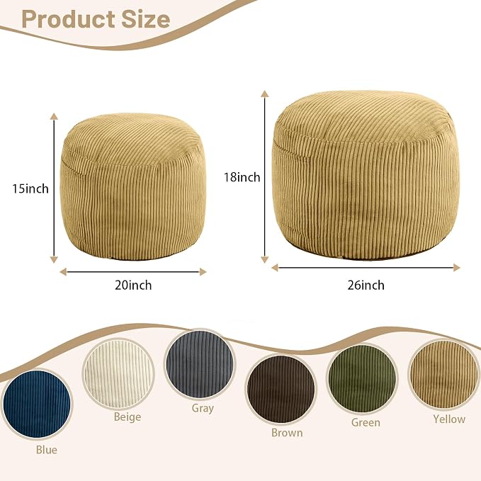 Round Stuffed Pouf Ottoman,Corduroy Foot Rest with Rebound Foam Filled, Furry and Fluffy Foot Stool Ottoman, Floor Poufs for Living Room (Yellow, 20" D x 20" W x 15" H)
