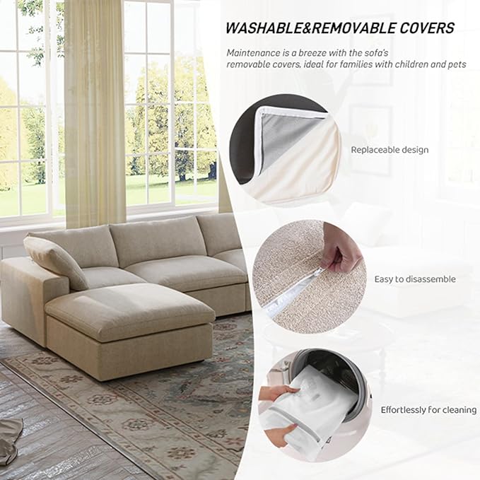 WJShome Cloud Modular Sectional Sofa,160.6" Down Filled 5 Seater Couch,V Shaped Oversized Convertible Sectional Sofa for Living Room,Covers Removable & Washable, Khaki