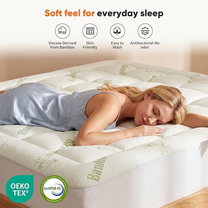 Sweetcrispy Ultra Soft Mattress Topper Full Size - Viscose Made from Bamboo Pillow Top Mattress Pad for Breathable Cooling & Back Pain Relief, Deep Pocket Comfort Bed Topper, Green