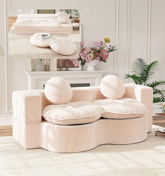 75” Full Size Convertible Sleeper Sofa Bed, Boneless Folding Futon Loveseat Sofa with 2 Pillows, High Density Foam Compressed Foldable Guest Couch for Living Room Apartment (Beige Teddy Velvet)