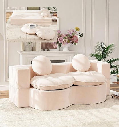 75” Full Size Convertible Sleeper Sofa Bed, Boneless Folding Futon Loveseat Sofa with 2 Pillows, High Density Foam Compressed Foldable Guest Couch for Living Room Apartment (Beige Teddy Velvet)