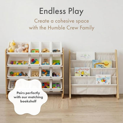 Humble Crew Toy Storage Organizer with 16 Removable Storage Bins for Kids Playroom, 4-Tier Toddler Toy Organization and Storage, Natural Wood/White